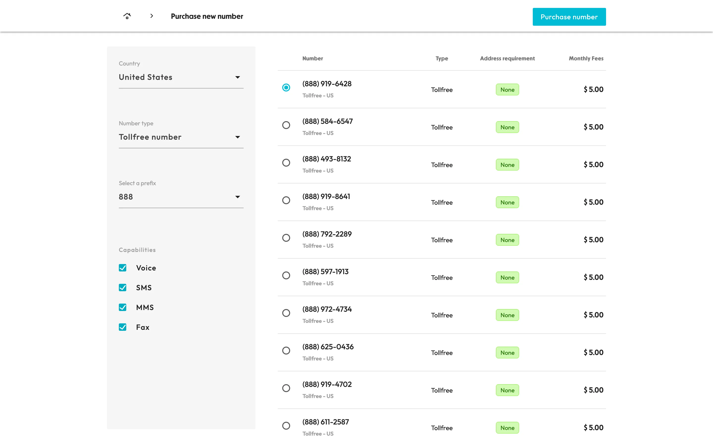screenshot of the numbers selection page