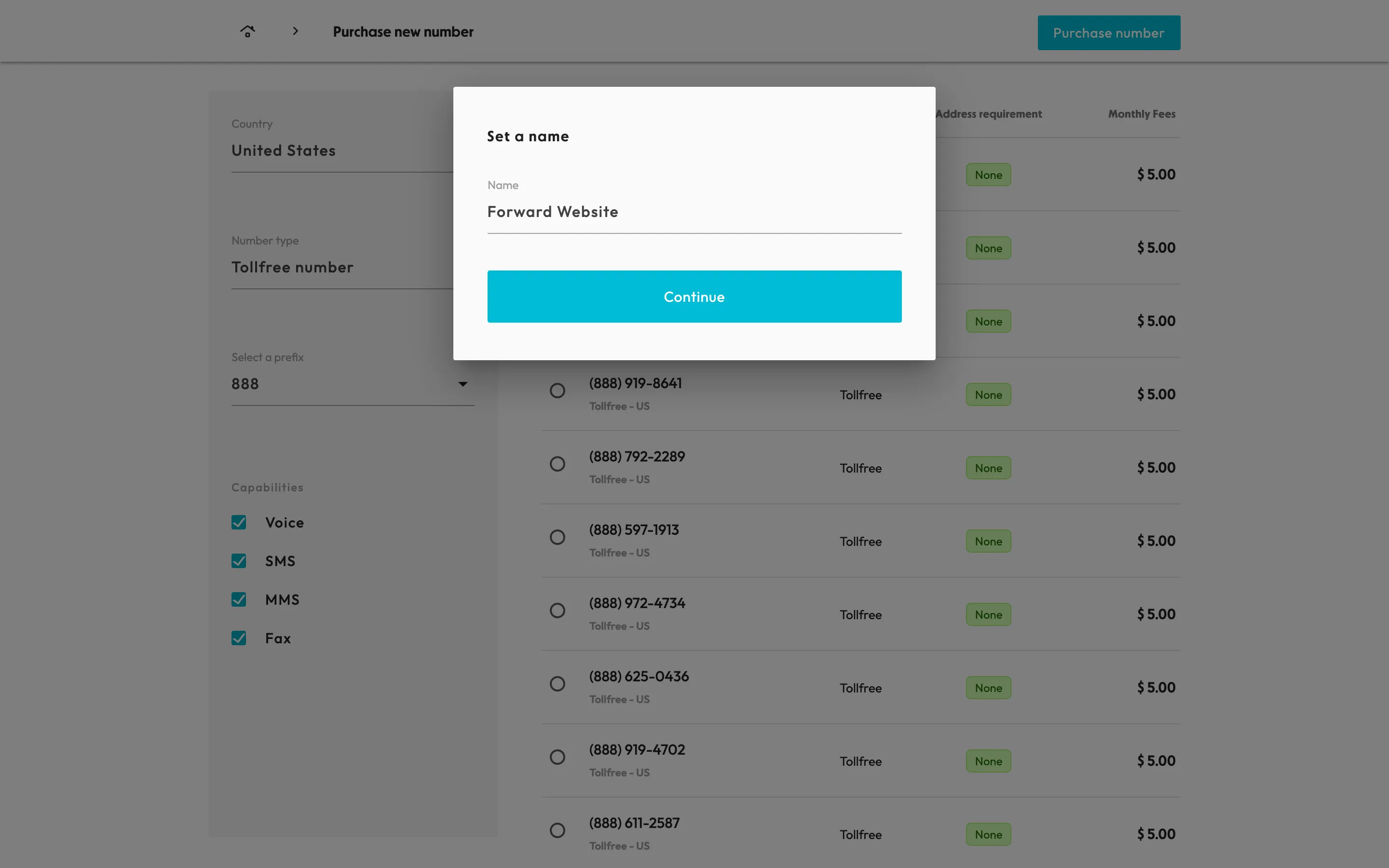 screenshot of the numbers selection page