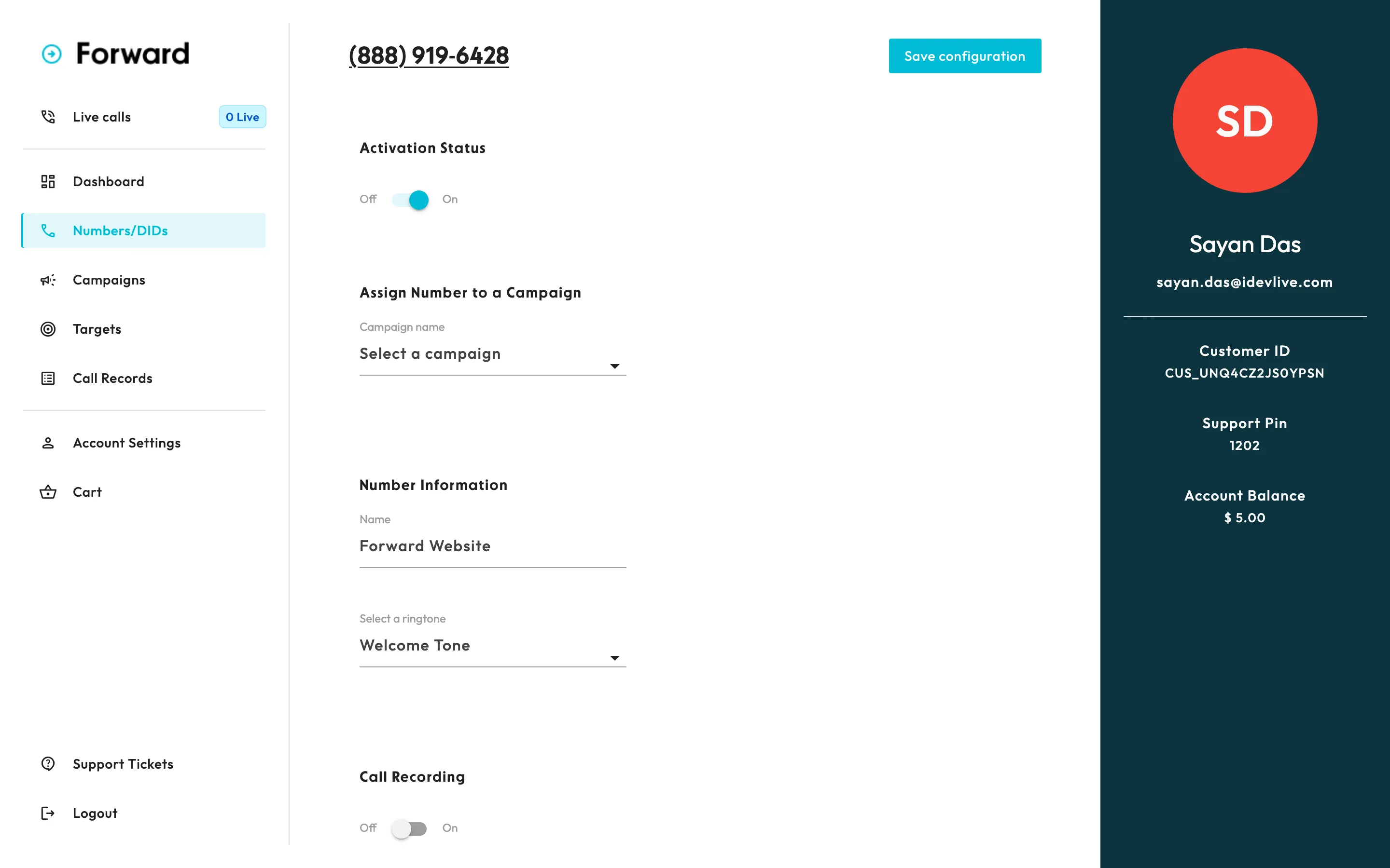 screenshot of the numbers selection page