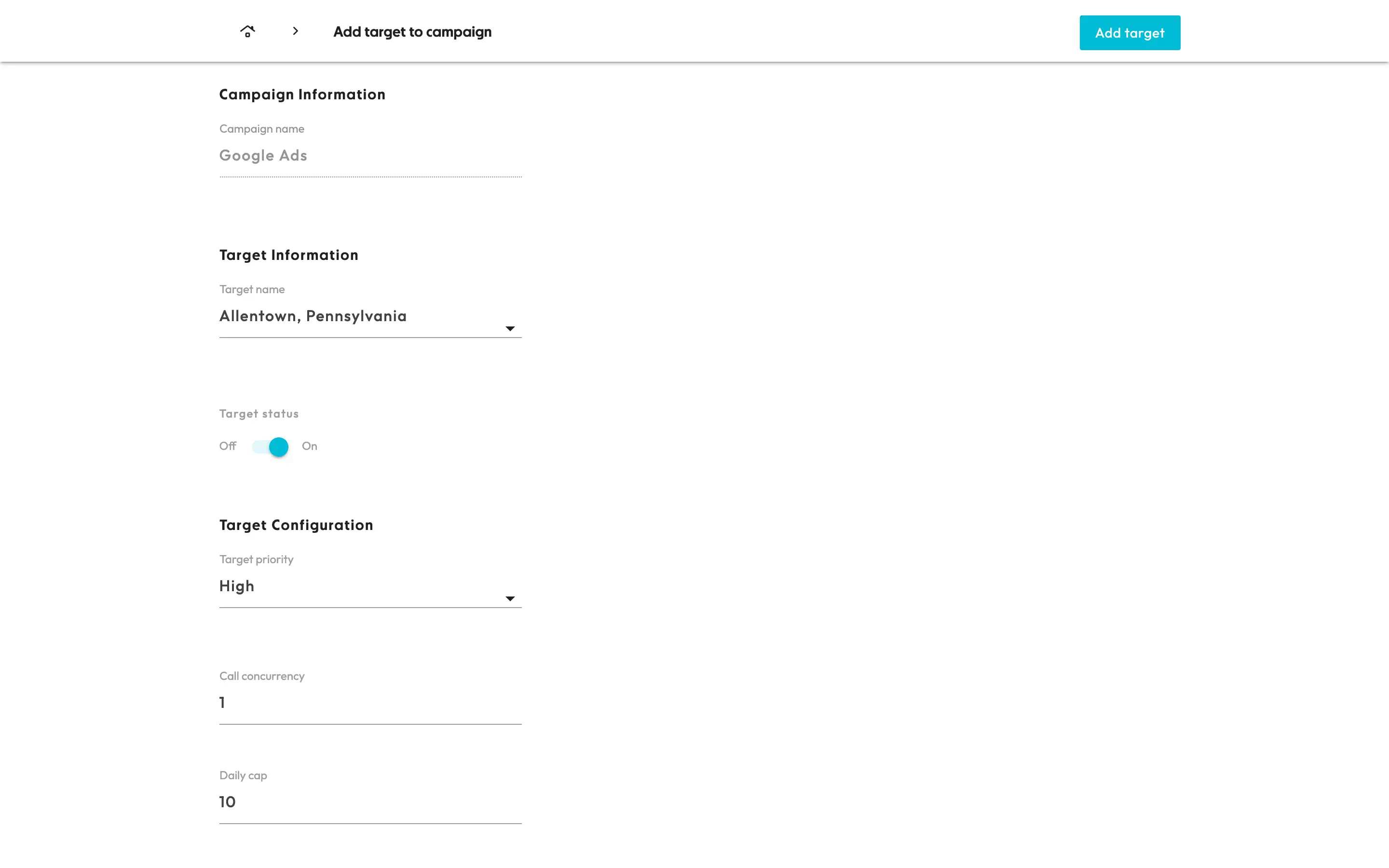 screenshot of assign target page