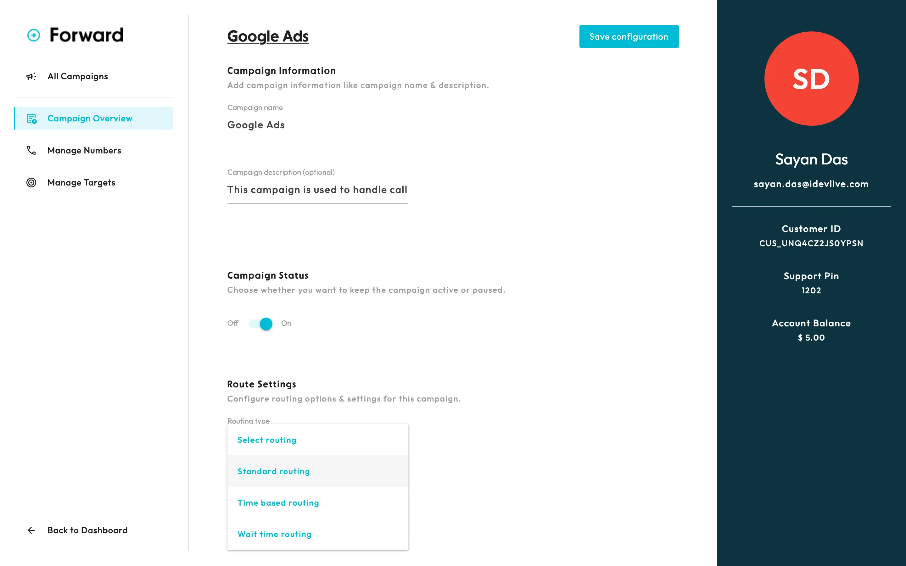 Screenshot of edit campaign page
